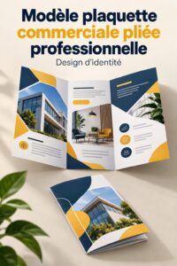 Brochure bifold élégante sur une table en bois, mettant en avant l'identité visuelle d'une entreprise.