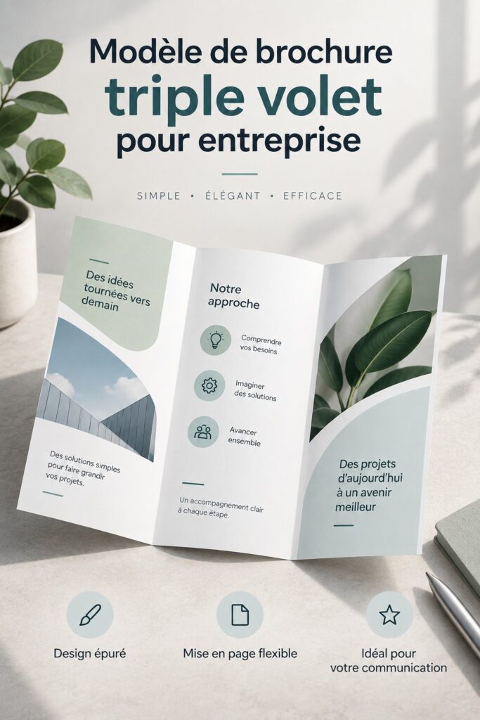 Modèle de brochure d'entreprise minimaliste tri-fold sur un bureau