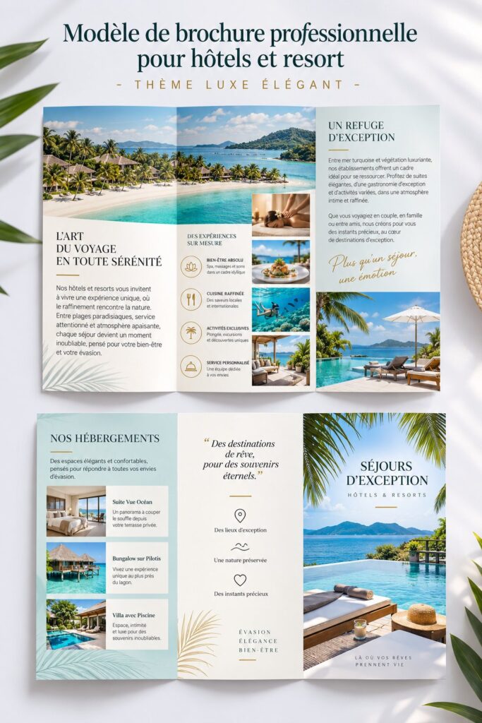 Brochure élégante d'un hôtel chic, présentant des services exclusifs.