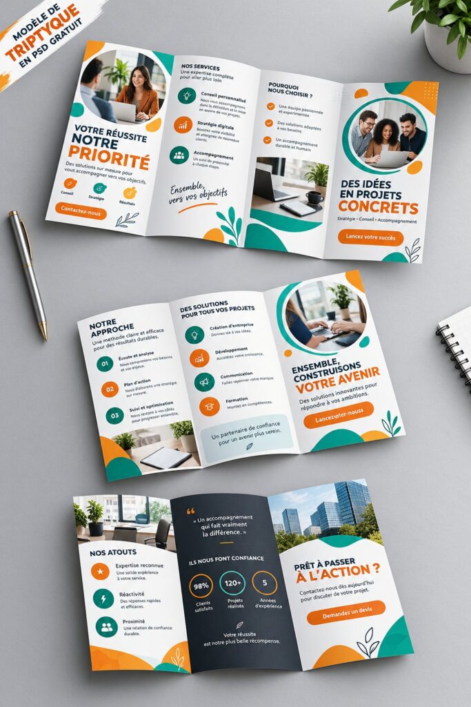 Image d'un modèle de brochure pliable gratuit illustrant des services entrepreneuriaux.