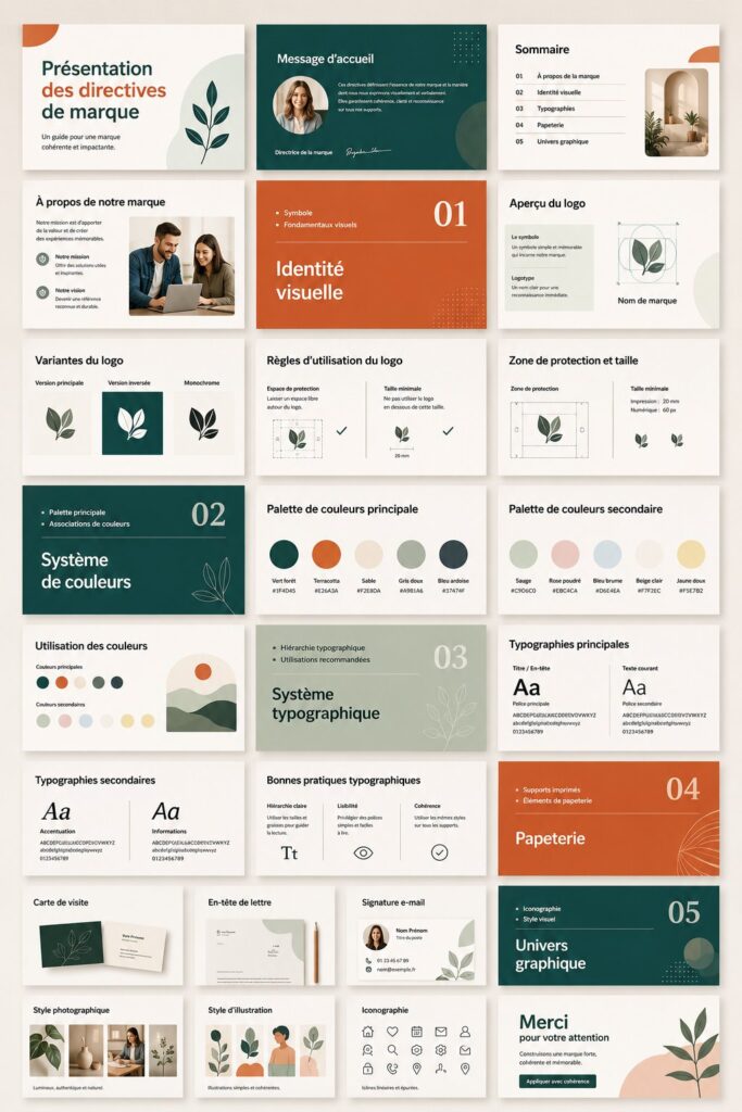 Modèle de présentation de charte de marque avec design créatif.