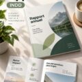 Un modèle de rapport annuel ouvert sur un bureau avec des graphiques et des notes.