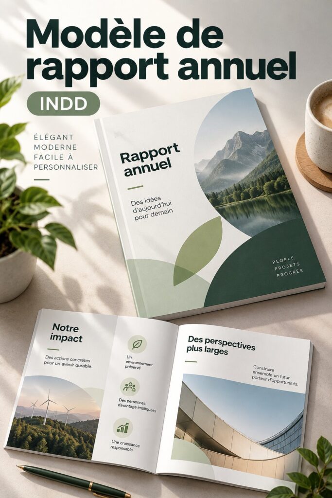 Un modèle de rapport annuel ouvert sur un bureau avec des graphiques et des notes.