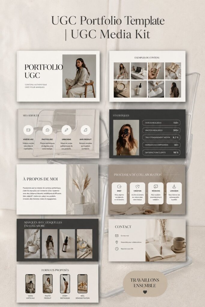 Un aperçu d'un modèle UGC pour portfolio, avec des sections bien définies et un design élégant.