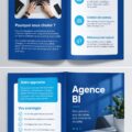 Modèle de brochure bi-fold créatif pour agence, avec des éléments visuels accrocheurs et un texte clair.