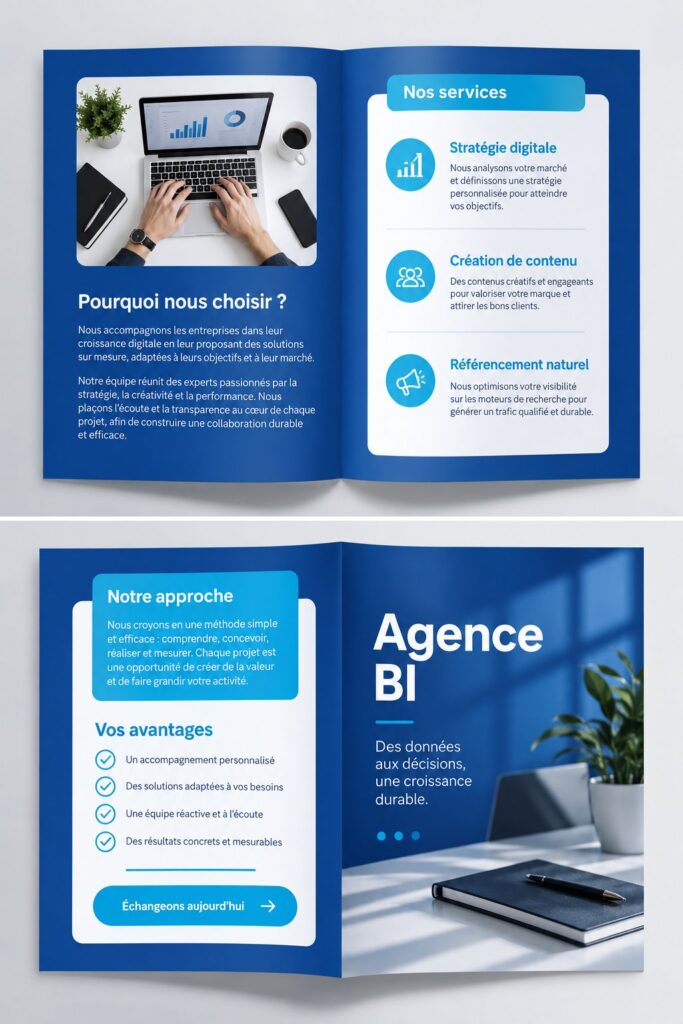 Modèle de brochure bi-fold créatif pour agence, avec des éléments visuels accrocheurs et un texte clair.