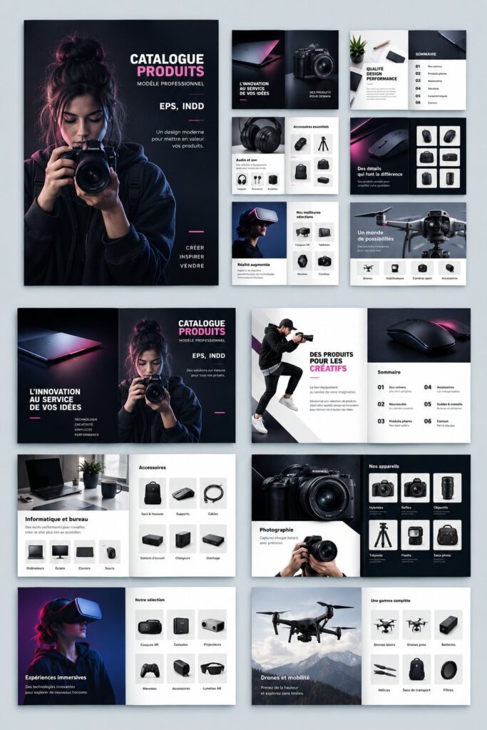 Un modèle de catalogue produit élégant mettant en avant des articles divers.