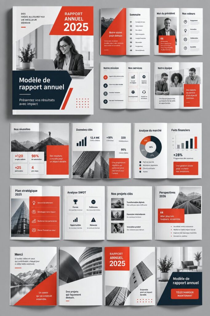 Un modèle de rapport annuel sur un bureau avec des fournitures de bureau