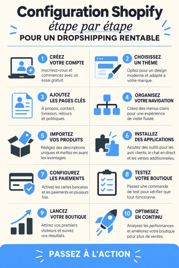 Femme d'affaires configurant sa boutique Shopify pour le dropshipping