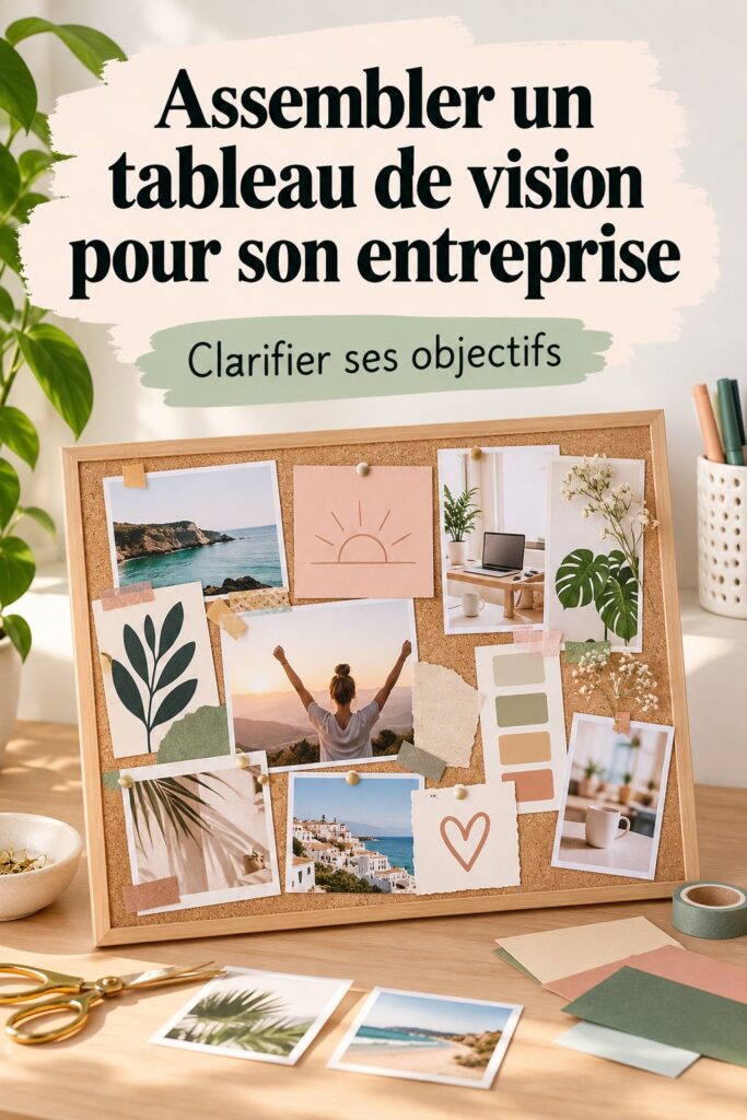 Un tableau de vision coloré avec des images inspirantes et des mots-clés motivants pour une entrepreneur.