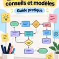 Femme entrepreneur travaillant sur la cartographie d'un flux de travail sur un tableau blanc.