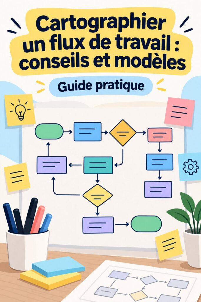 Femme entrepreneur travaillant sur la cartographie d'un flux de travail sur un tableau blanc.