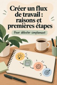Femme créant un flux de travail sur son ordinateur, symbolisant l'organisation et la productivité.