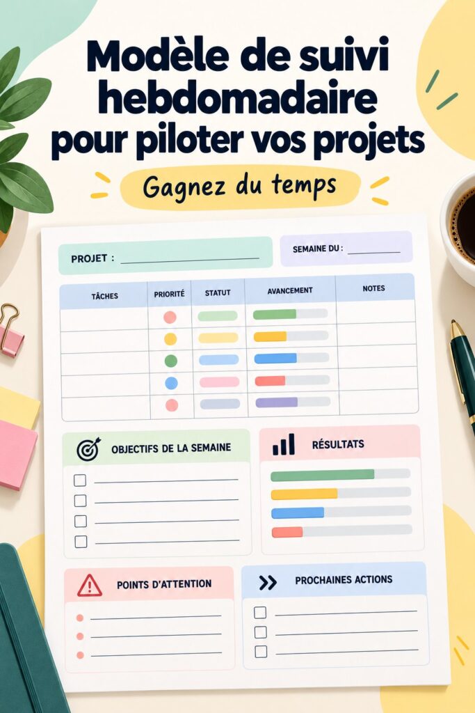 Modèle de suivi hebdomadaire pour la gestion de projets.