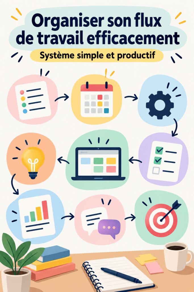Femme au bureau organisant son workflow avec des outils numériques