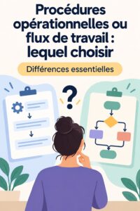Une femme d'affaires examinant des documents de procédures opérationnelles et de flux de travail.