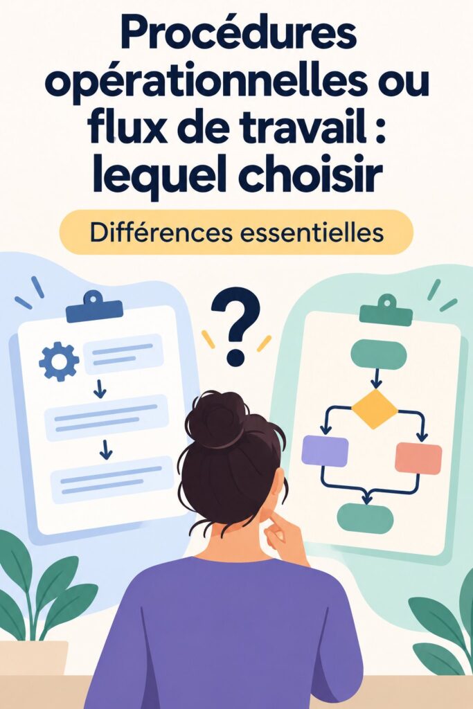 Une femme d'affaires examinant des documents de procédures opérationnelles et de flux de travail.
