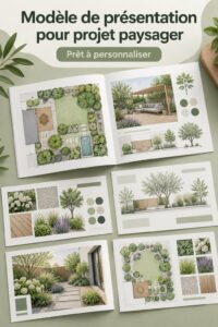 Un plan de projet de paysage sur un bureau avec des outils d'aménagement.