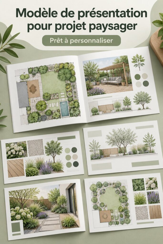 Un plan de projet de paysage sur un bureau avec des outils d'aménagement.