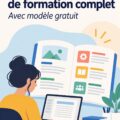 Une femme rédige un manuel de formation sur son ordinateur, concentrée et organisée.