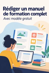 Une femme rédige un manuel de formation sur son ordinateur, concentrée et organisée.
