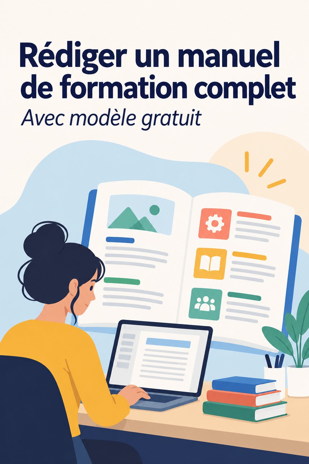 Une femme rédige un manuel de formation sur son ordinateur, concentrée et organisée.
