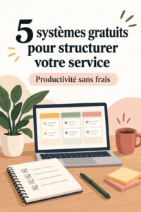 Un bureau organisé avec un ordinateur, représentant des systèmes efficaces pour entrepreneurs et coachs.